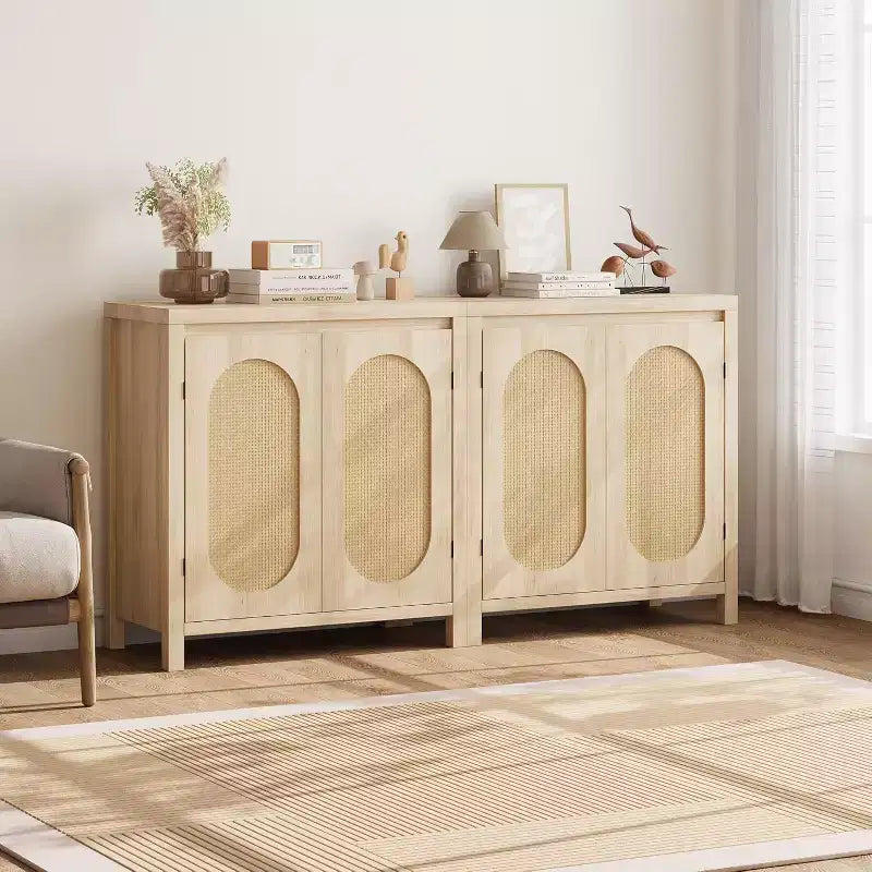 COZONY 30 Mid Century Rattan Sideboard Buffet with Adjustable Shelves, Retro Storage Cabinet for Living Room or Dining Room