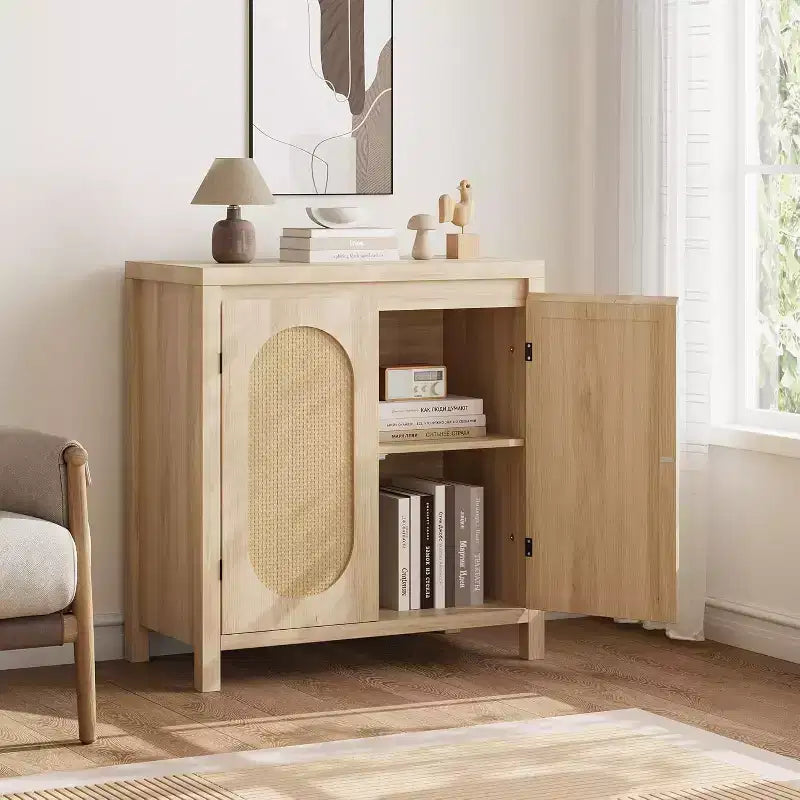 COZONY 30 Mid Century Rattan Sideboard Buffet with Adjustable Shelves, Retro Storage Cabinet for Living Room or Dining Room