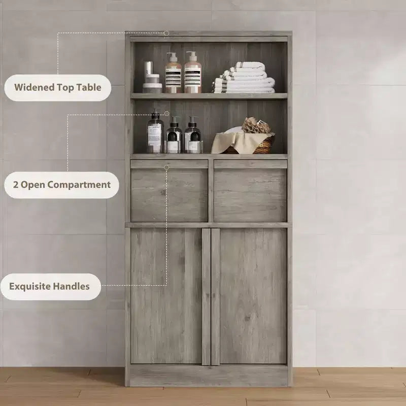 50.9 Tall Bathroom Storage Cabinet, Freestanding Floor Cabinet with 2 Drawers, Kitchen Pantry Cabinet for Living Room Kitchen Bathroom