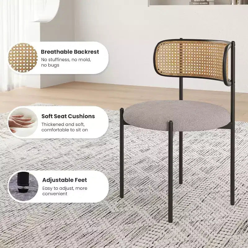 Modern Upholstered Dining Chairs Set of 4 Rattan Back Dining Room Chairs Accent Kitchen Chairs with Metal Legs Pink