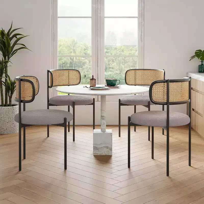 Modern Upholstered Dining Chairs Set of 4 Rattan Back Dining Room Chairs Accent Kitchen Chairs with Metal Legs Pink