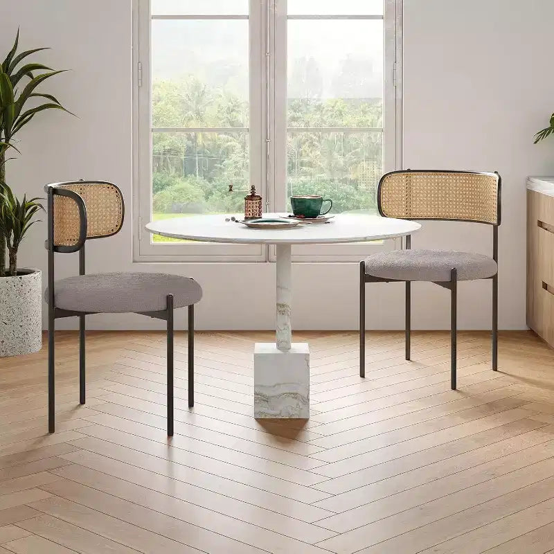 Modern Upholstered Dining Chairs Set of 4 Rattan Back Dining Room Chairs Accent Kitchen Chairs with Metal Legs Pink