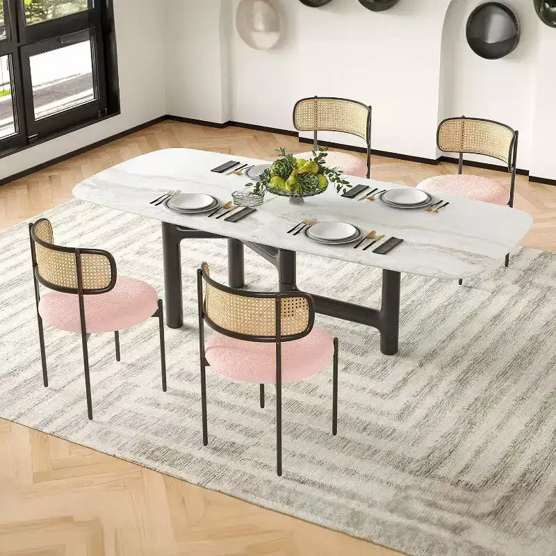 Modern Upholstered Dining Chairs Set of 4 Rattan Back Dining Room Chairs Accent Kitchen Chairs with Metal Legs Pink