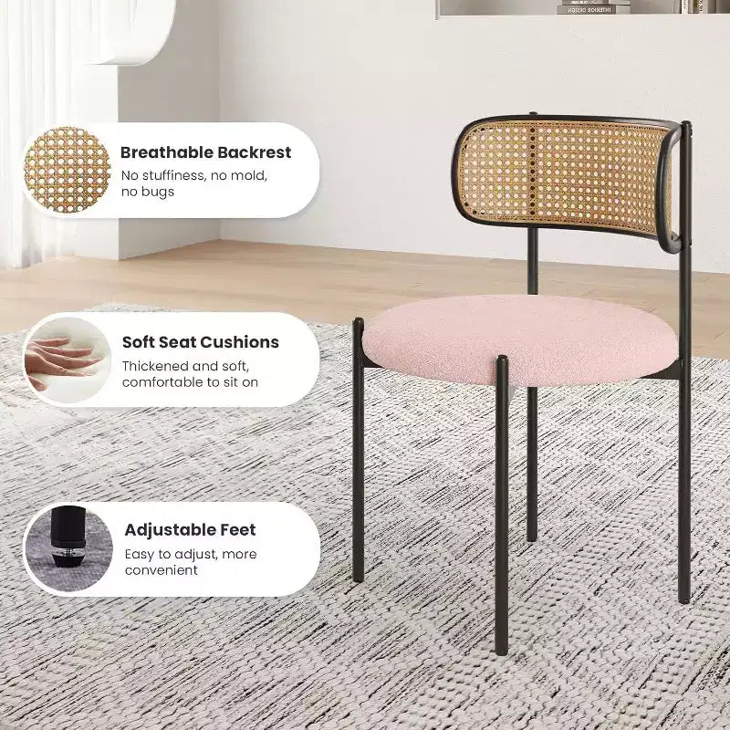 Modern Upholstered Dining Chairs Set of 4 Rattan Back Dining Room Chairs Accent Kitchen Chairs with Metal Legs Pink