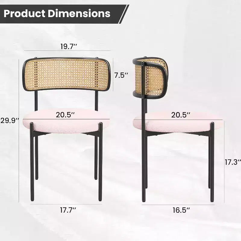 Modern Upholstered Dining Chairs Set of 4 Rattan Back Dining Room Chairs Accent Kitchen Chairs with Metal Legs Pink