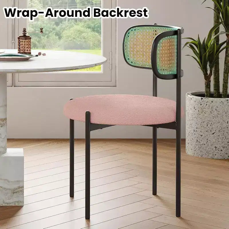 Modern Upholstered Dining Chairs Set of 4 Rattan Back Dining Room Chairs Accent Kitchen Chairs with Metal Legs Pink
