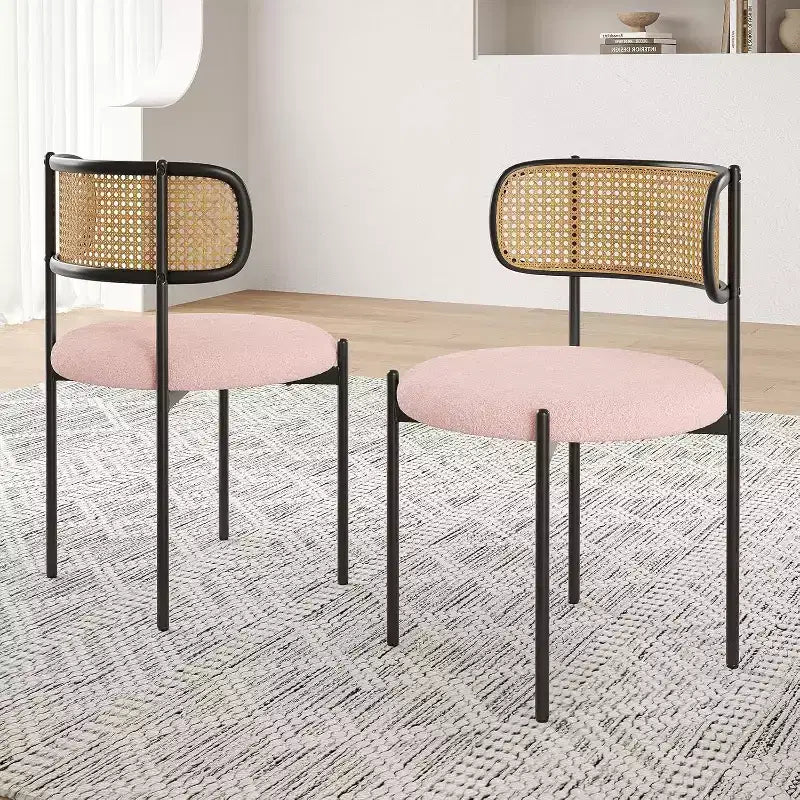 Modern Upholstered Dining Chairs Set of 4 Rattan Back Dining Room Chairs Accent Kitchen Chairs with Metal Legs Pink