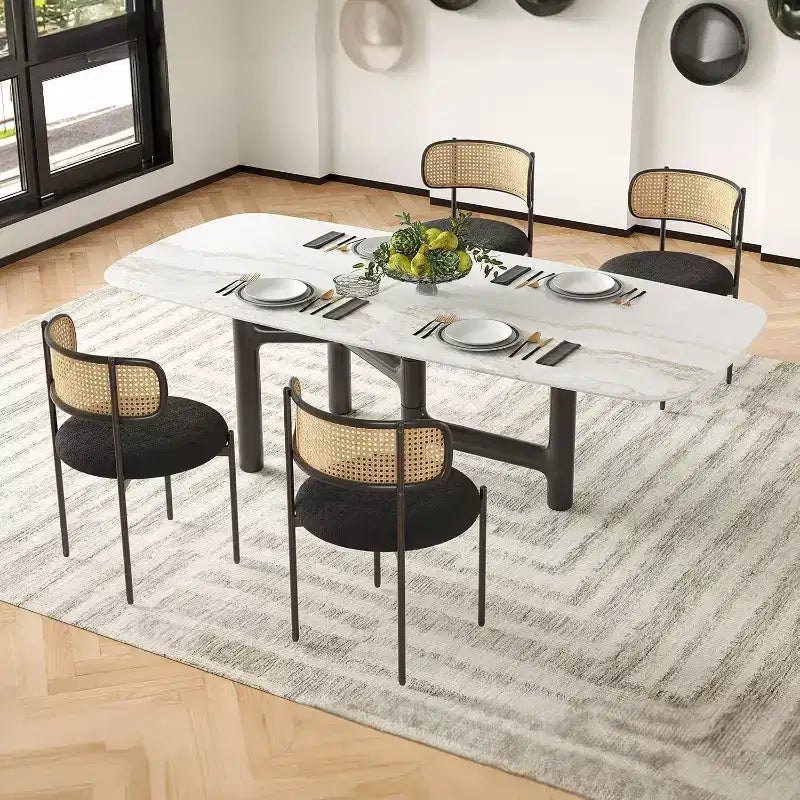 Modern Upholstered Dining Chairs Set of 4 Rattan Back Dining Room Chairs Accent Kitchen Chairs with Metal Legs Pink
