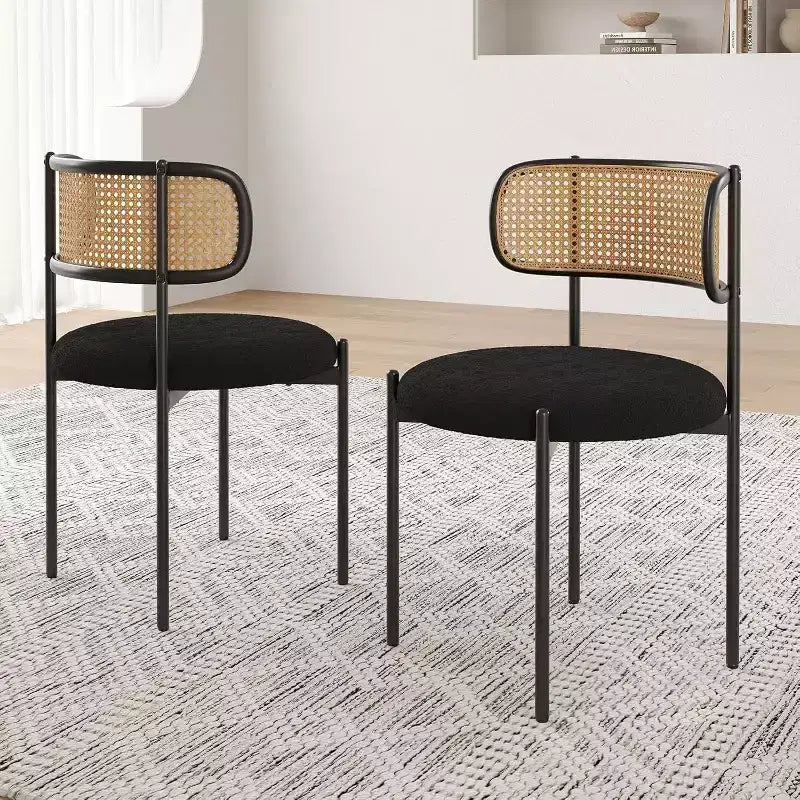 Modern Upholstered Dining Chairs Set of 4 Rattan Back Dining Room Chairs Accent Kitchen Chairs with Metal Legs Pink