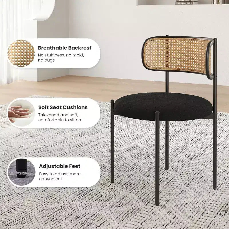 Modern Upholstered Dining Chairs Set of 4 Rattan Back Dining Room Chairs Accent Kitchen Chairs with Metal Legs Pink
