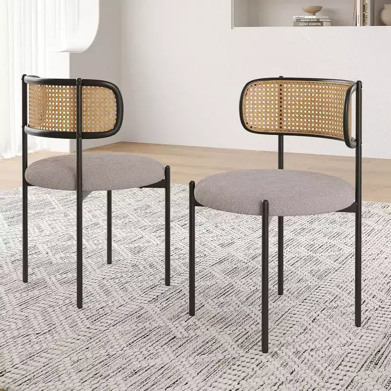 Modern Upholstered Dining Chairs Set of 4 Rattan Back Dining Room Chairs Accent Kitchen Chairs with Metal Legs Pink