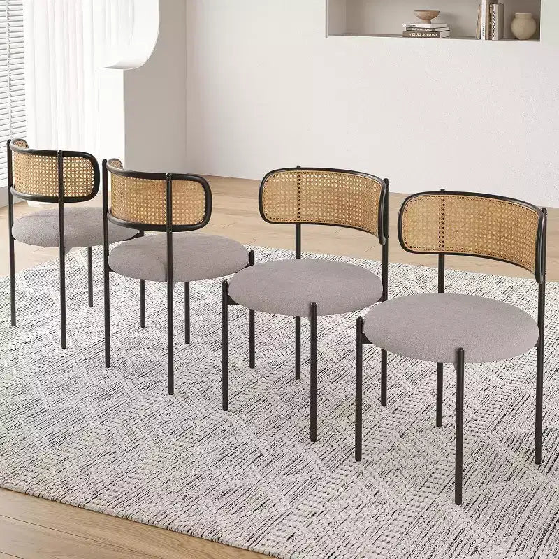 Modern Upholstered Dining Chairs Set of 4 Rattan Back Dining Room Chairs Accent Kitchen Chairs with Metal Legs Pink