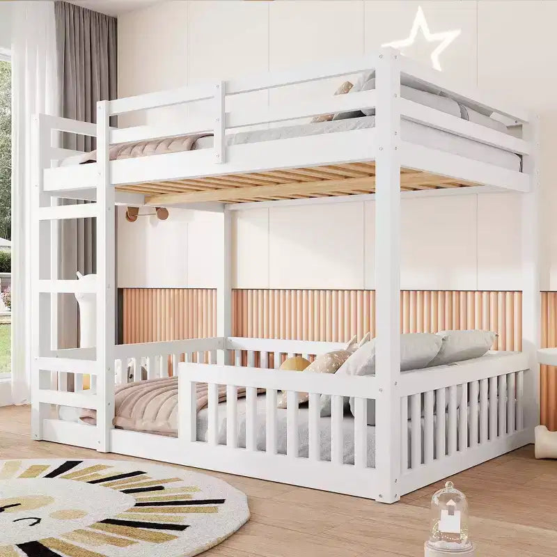 Full over Full Wooden Bunk Bed with Ladder and Guardrails, Low Floor Full Size Bunk Beds with Slats Support