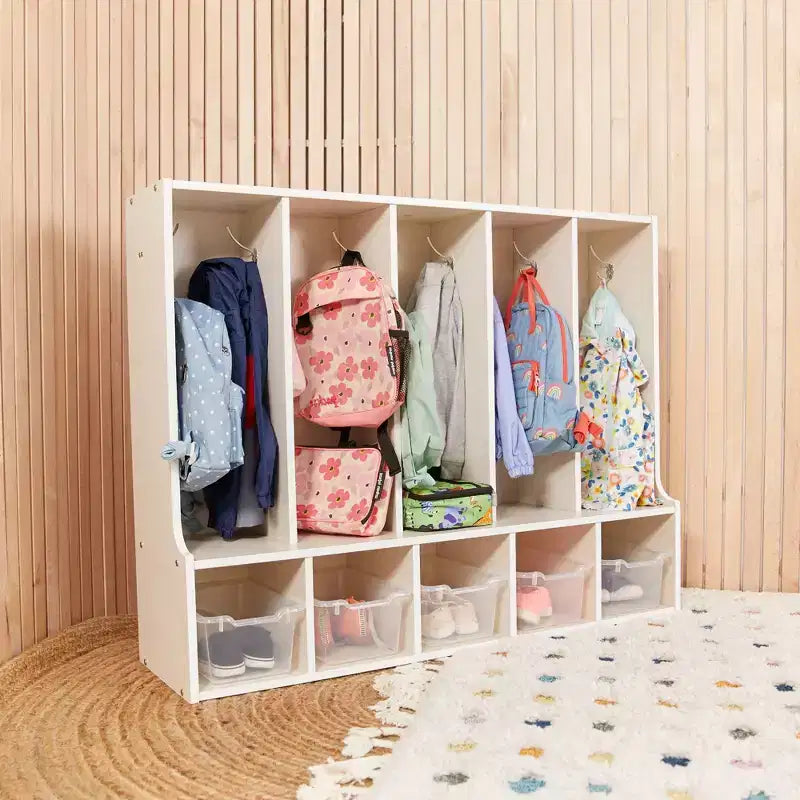 ECR4Kids Streamline 5-Section Toddler Coat Locker with Bench and 5 Scoop Front Bins