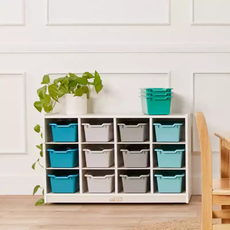 ECR4Kids 12 Cubby Mobile Tray Cabinet and 15 Scoop Front Bins, 3x4, Kids Furniture