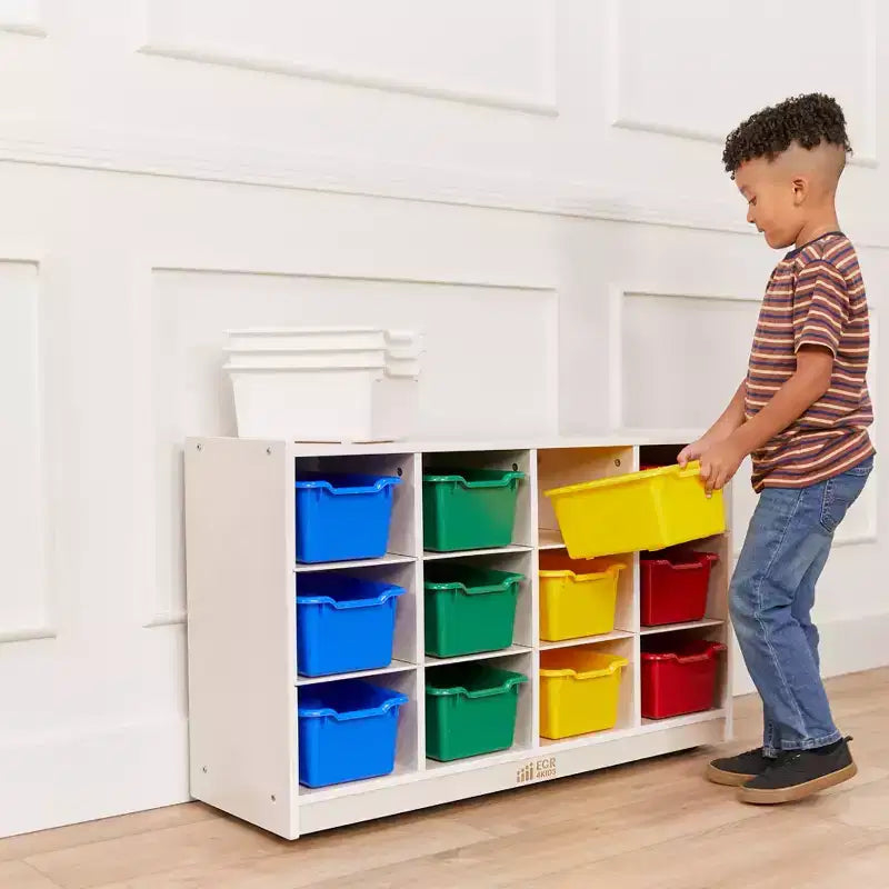 ECR4Kids 12 Cubby Mobile Tray Cabinet and 15 Scoop Front Bins, 3x4, Kids Furniture