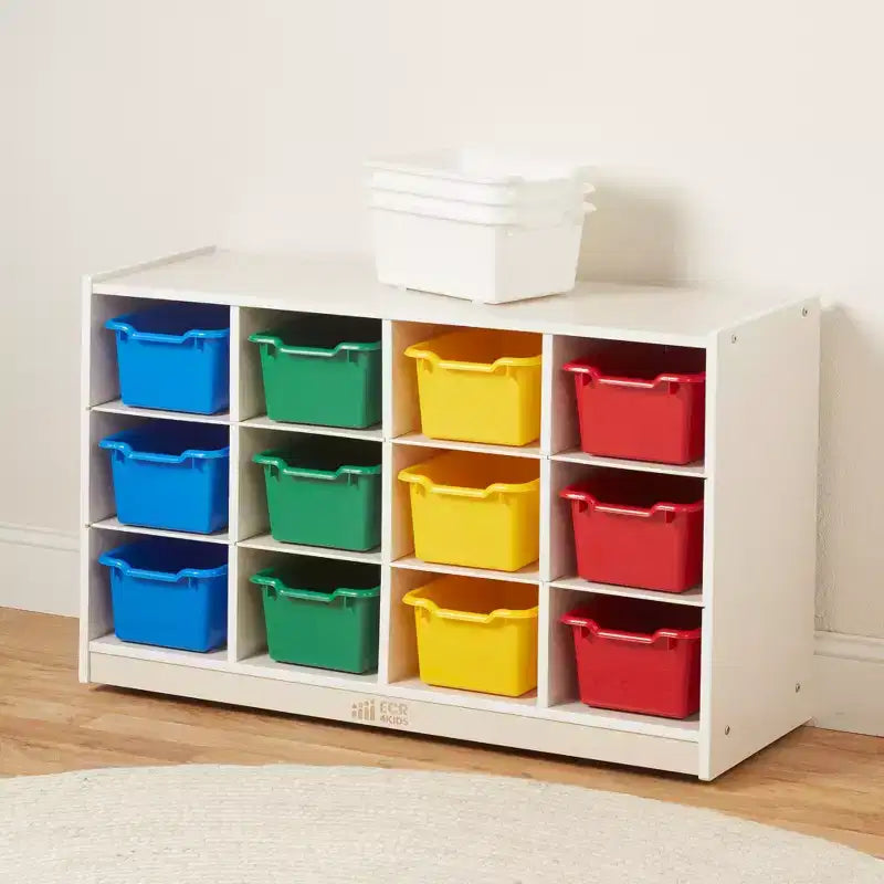 ECR4Kids 12 Cubby Mobile Tray Cabinet and 15 Scoop Front Bins, 3x4, Kids Furniture