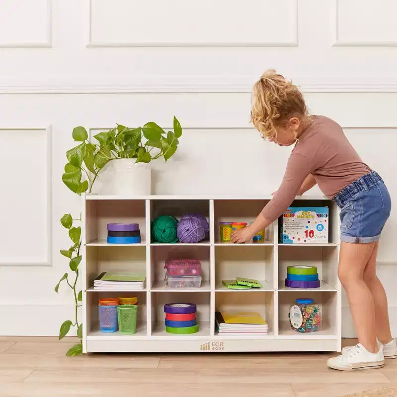 ECR4Kids 12 Cubby Mobile Tray Cabinet and 15 Scoop Front Bins, 3x4, Kids Furniture