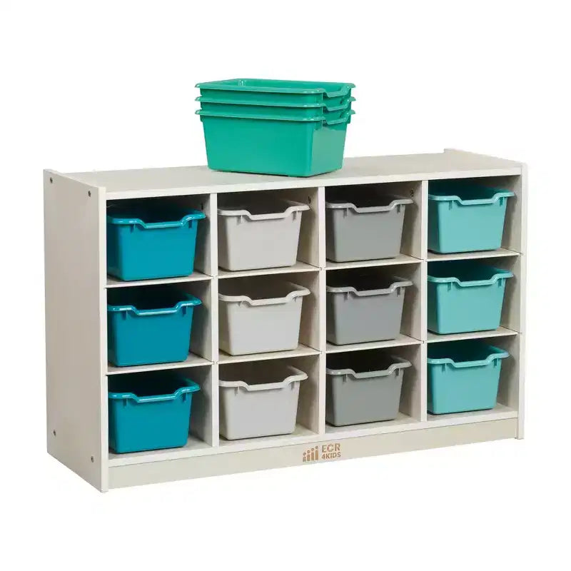 ECR4Kids 12 Cubby Mobile Tray Cabinet and 15 Scoop Front Bins, 3x4, Kids Furniture