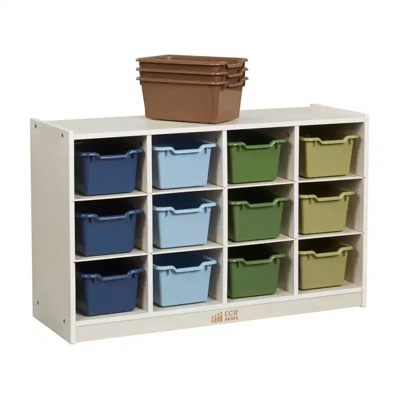 ECR4Kids 12 Cubby Mobile Tray Cabinet and 15 Scoop Front Bins, 3x4, Kids Furniture