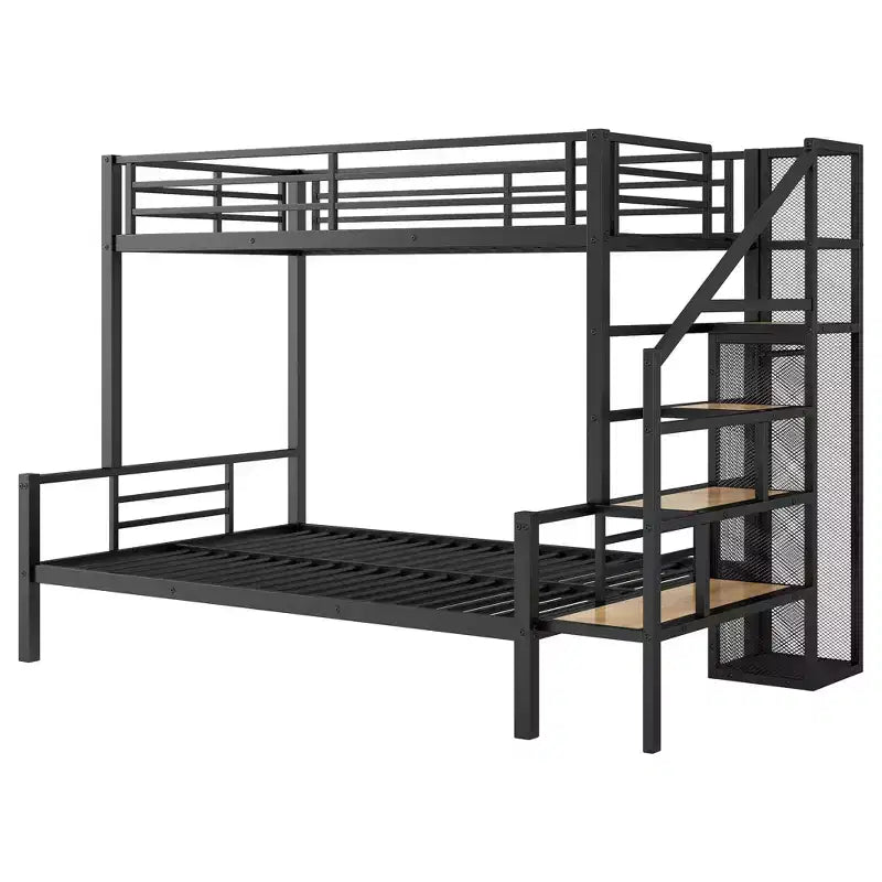 Twin over Full Size Metal Bunk Bed with Storage Staircase, Heavy-Duty Steel Bed Frame with Open Wardrobe for Kids Teens Adults, Black