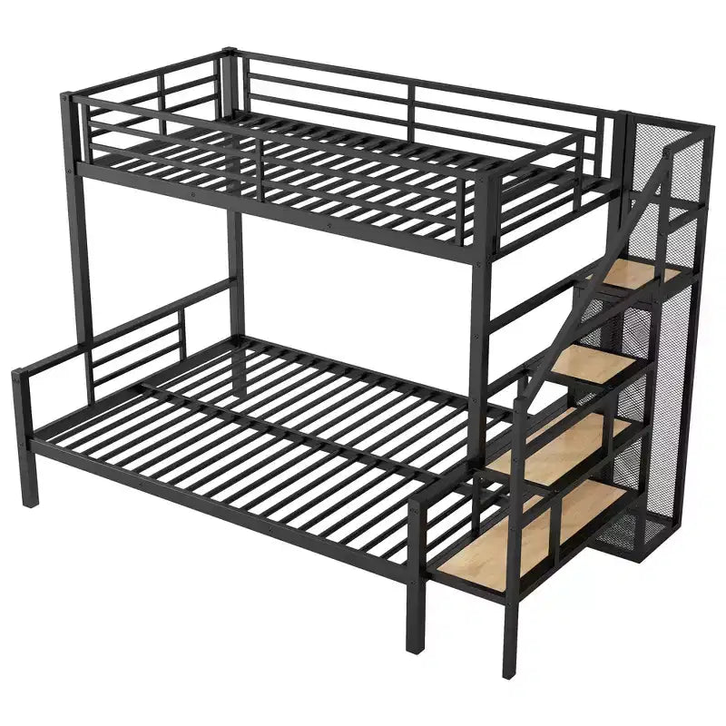 Twin over Full Size Metal Bunk Bed with Storage Staircase, Heavy-Duty Steel Bed Frame with Open Wardrobe for Kids Teens Adults, Black