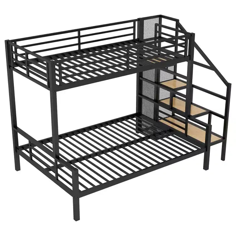 Twin over Full Size Metal Bunk Bed with Storage Staircase, Heavy-Duty Steel Bed Frame with Open Wardrobe for Kids Teens Adults, Black