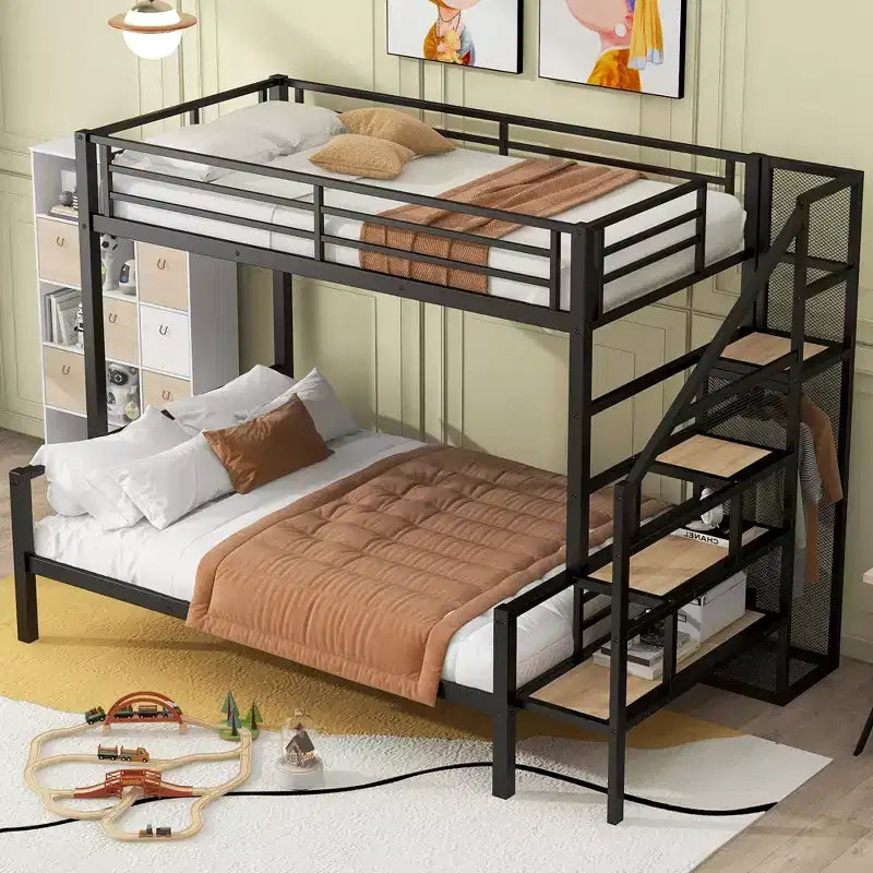 Twin over Full Size Metal Bunk Bed with Storage Staircase, Heavy-Duty Steel Bed Frame with Open Wardrobe for Kids Teens Adults, Black