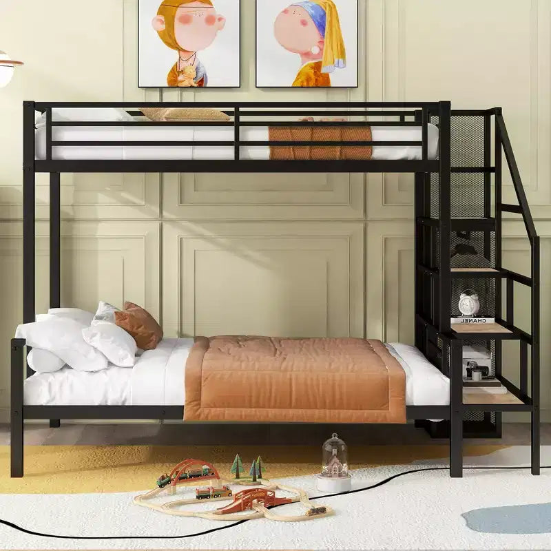 Twin over Full Size Metal Bunk Bed with Storage Staircase, Heavy-Duty Steel Bed Frame with Open Wardrobe for Kids Teens Adults, Black