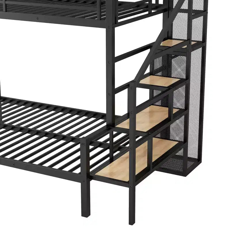 Twin over Full Size Metal Bunk Bed with Storage Staircase, Heavy-Duty Steel Bed Frame with Open Wardrobe for Kids Teens Adults, Black
