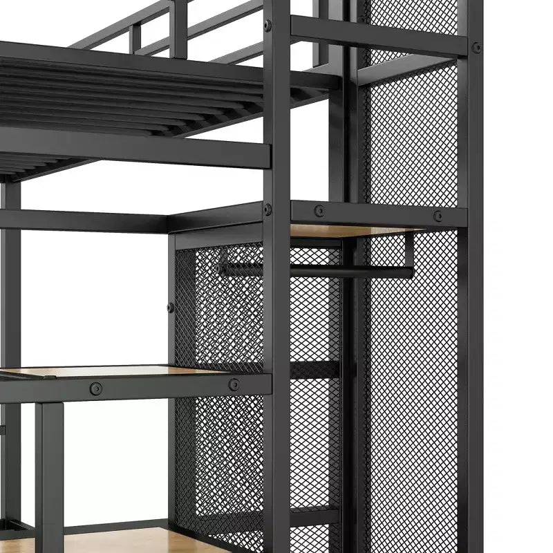 Twin over Full Size Metal Bunk Bed with Storage Staircase, Heavy-Duty Steel Bed Frame with Open Wardrobe for Kids Teens Adults, Black