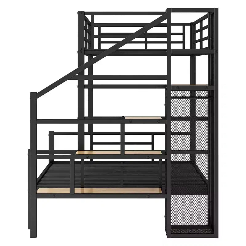 Twin over Full Size Metal Bunk Bed with Storage Staircase, Heavy-Duty Steel Bed Frame with Open Wardrobe for Kids Teens Adults, Black