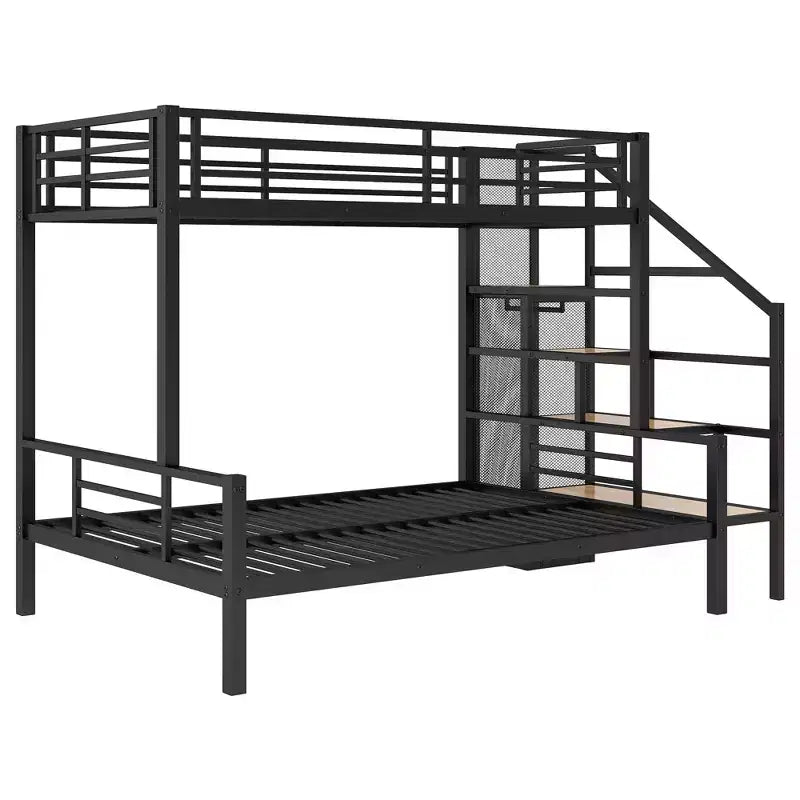 Twin over Full Size Metal Bunk Bed with Storage Staircase, Heavy-Duty Steel Bed Frame with Open Wardrobe for Kids Teens Adults, Black