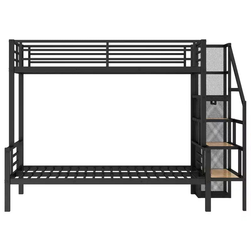 Twin over Full Size Metal Bunk Bed with Storage Staircase, Heavy-Duty Steel Bed Frame with Open Wardrobe for Kids Teens Adults, Black