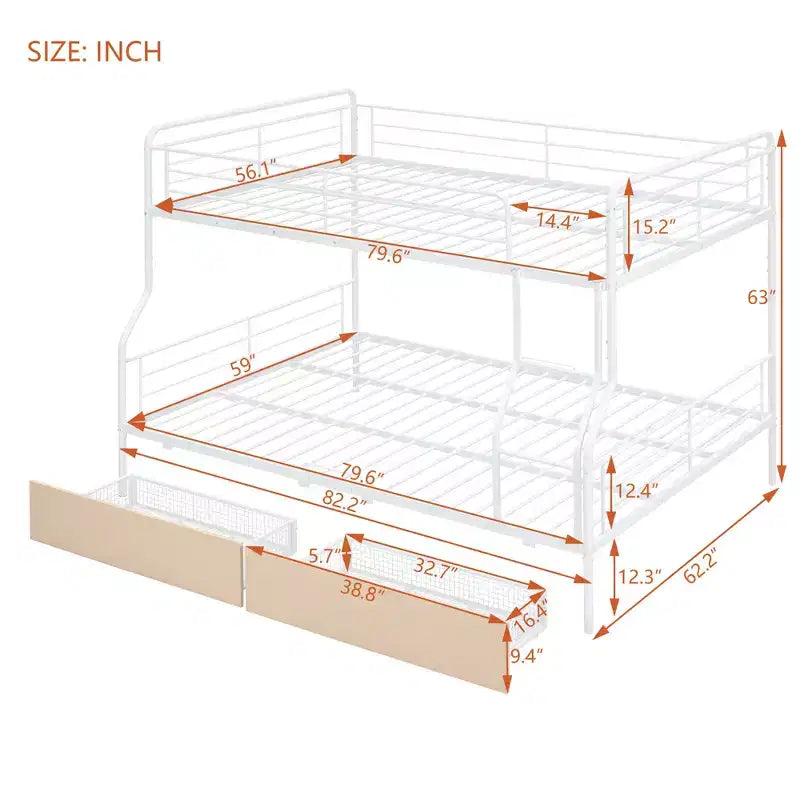 Full XL over Queen Metal Bunk Beds with 2 Drawers, Heavy Duty Bunk Bed Frame for Kids Teens Adults