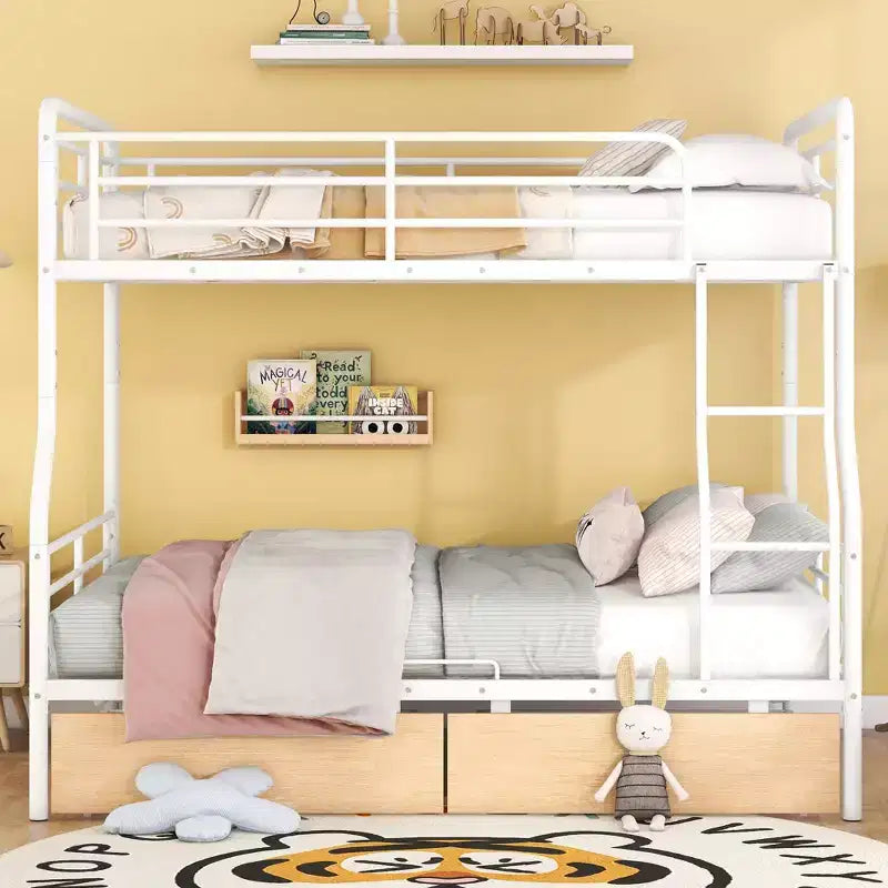 Full XL over Queen Metal Bunk Beds with 2 Drawers, Heavy Duty Bunk Bed Frame for Kids Teens Adults