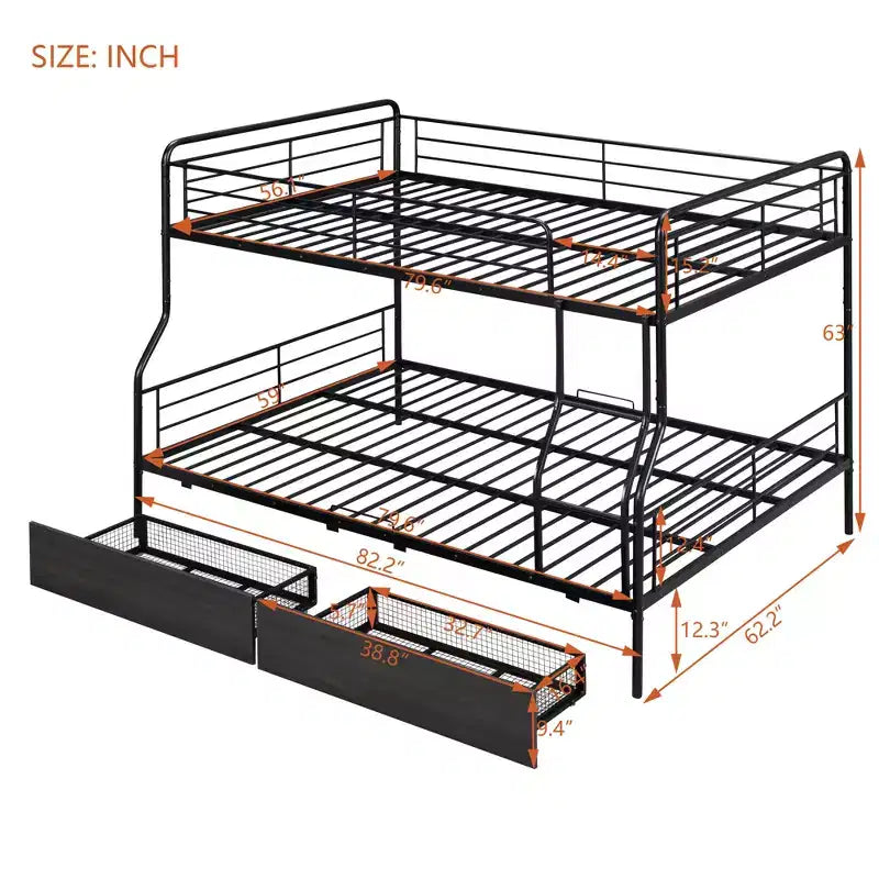 Full XL over Queen Metal Bunk Beds with 2 Drawers, Heavy Duty Bunk Bed Frame for Kids Teens Adults