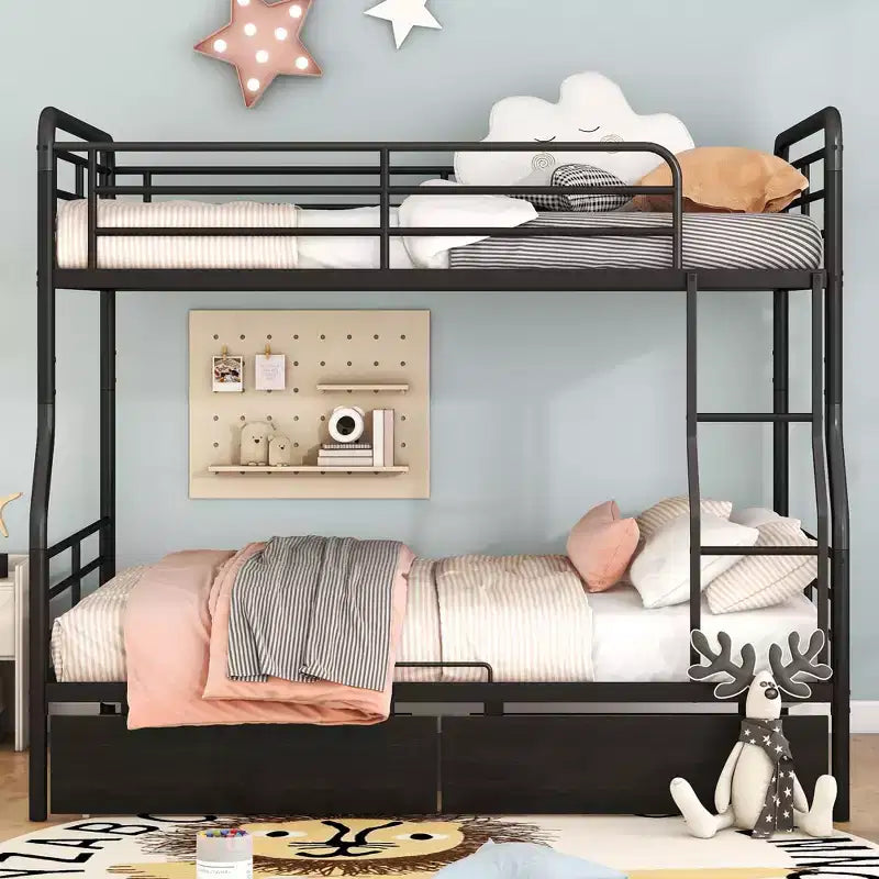 Full XL over Queen Metal Bunk Beds with 2 Drawers, Heavy Duty Bunk Bed Frame for Kids Teens Adults