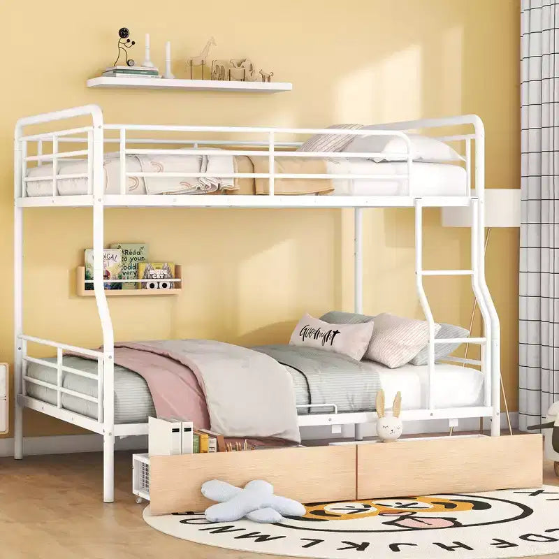 Full XL over Queen Metal Bunk Beds with 2 Drawers, Heavy Duty Bunk Bed Frame for Kids Teens Adults