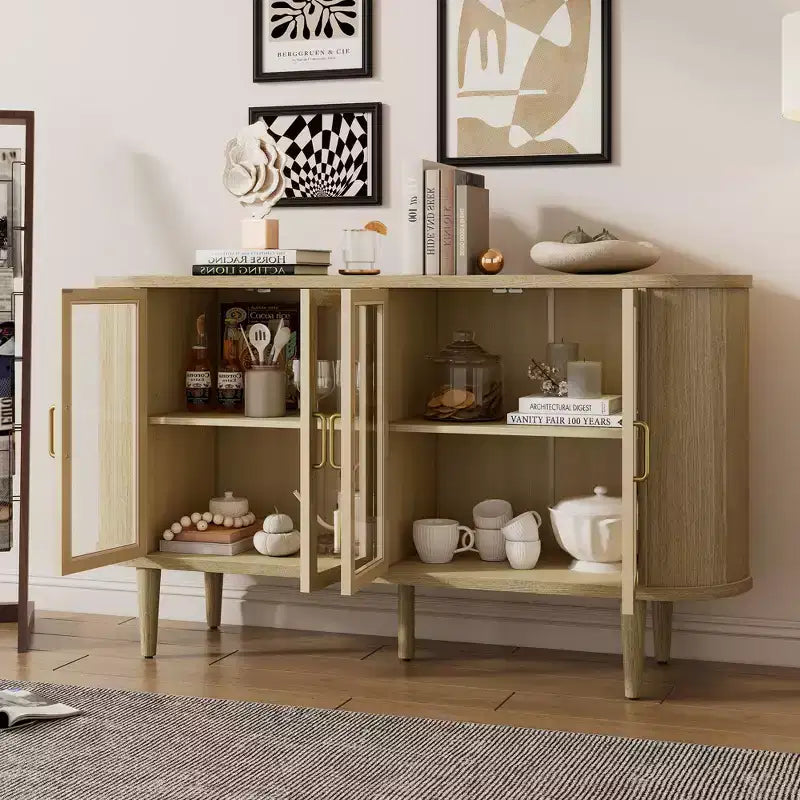 Farmhouse Wood Sideboard Buffet Cabinet with Glass Doors and Adjustable Shelves for Kitchen, Dining Room, or Living Room