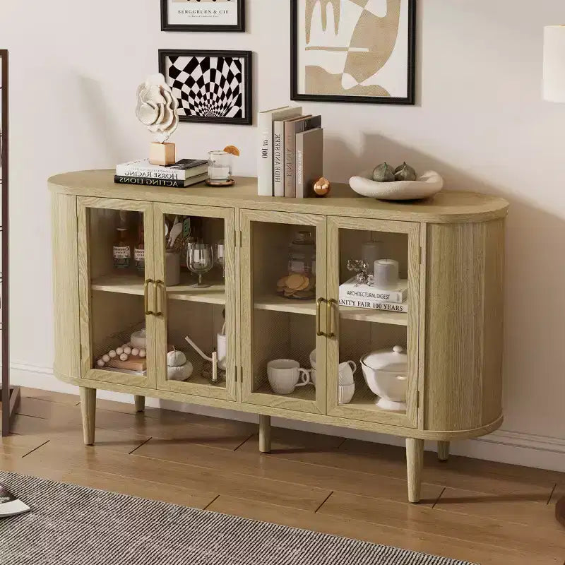 Farmhouse Wood Sideboard Buffet Cabinet with Glass Doors and Adjustable Shelves for Kitchen, Dining Room, or Living Room
