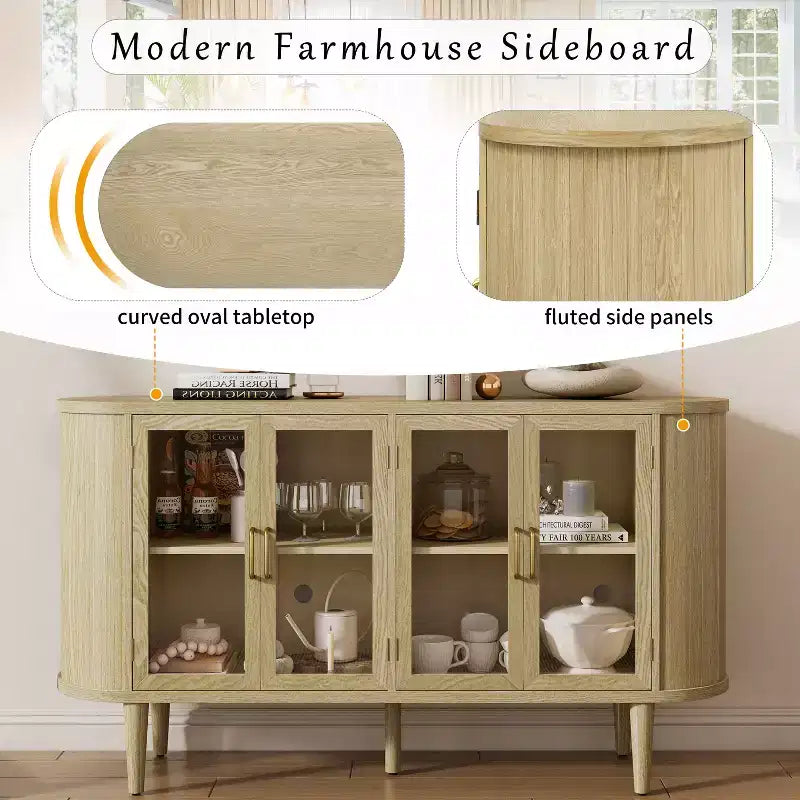 Farmhouse Wood Sideboard Buffet Cabinet with Glass Doors and Adjustable Shelves for Kitchen, Dining Room, or Living Room