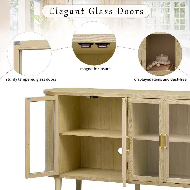 Farmhouse Wood Sideboard Buffet Cabinet with Glass Doors and Adjustable Shelves for Kitchen, Dining Room, or Living Room