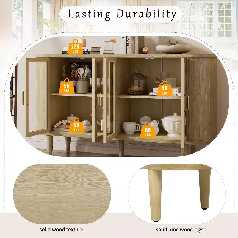 Farmhouse Wood Sideboard Buffet Cabinet with Glass Doors and Adjustable Shelves for Kitchen, Dining Room, or Living Room