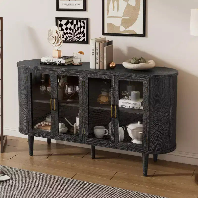 Farmhouse Wood Sideboard Buffet Cabinet with Glass Doors and Adjustable Shelves for Kitchen, Dining Room, or Living Room