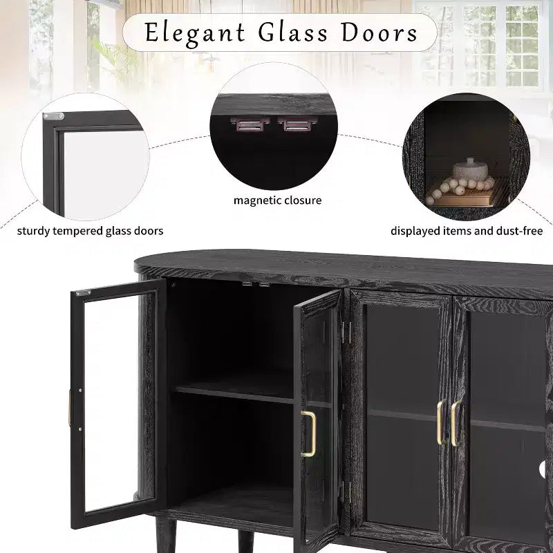 Farmhouse Wood Sideboard Buffet Cabinet with Glass Doors and Adjustable Shelves for Kitchen, Dining Room, or Living Room