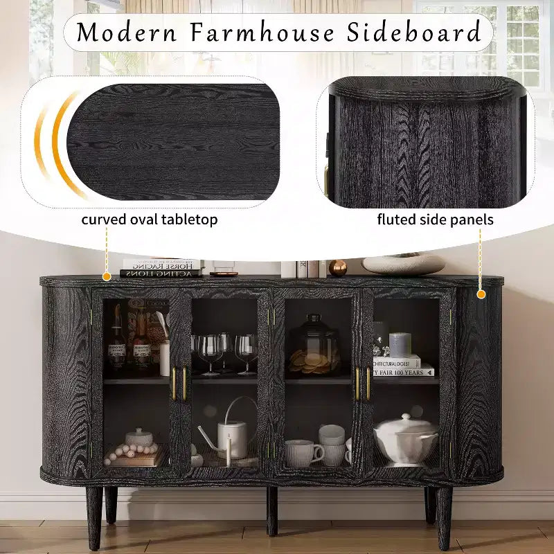Farmhouse Wood Sideboard Buffet Cabinet with Glass Doors and Adjustable Shelves for Kitchen, Dining Room, or Living Room