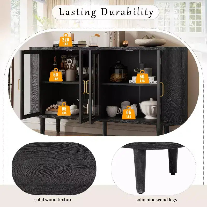 Farmhouse Wood Sideboard Buffet Cabinet with Glass Doors and Adjustable Shelves for Kitchen, Dining Room, or Living Room