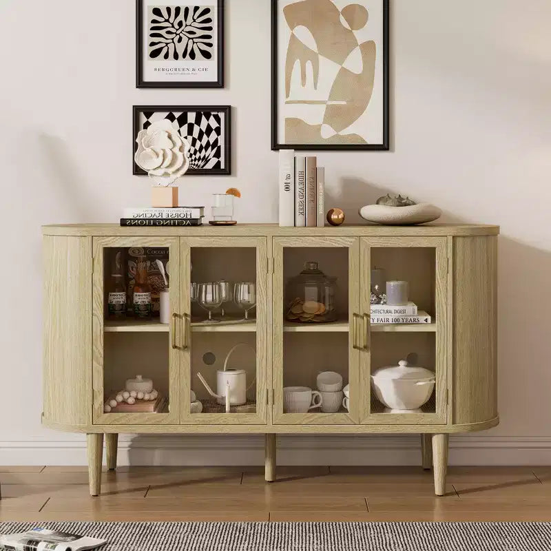 Farmhouse Wood Sideboard Buffet Cabinet with Glass Doors and Adjustable Shelves for Kitchen, Dining Room, or Living Room