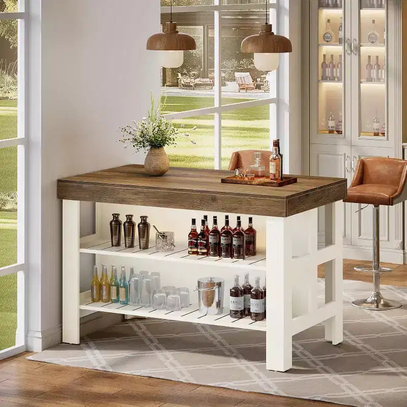 Lantine Home Bar Table Unit with Storage Shelves, 55.1-Inch Farmhouse Counter Height Bar Cabinet for Kitchen Dining Room,Brown